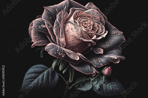 Fantasy Vintage Dark Rose on Striking Black Background - A Breathtaking Stock Image Perfect for Artistic  Romantic  and Gothic-Themed Projects  Concept Art  Wall Art  Art Post  Generative ai