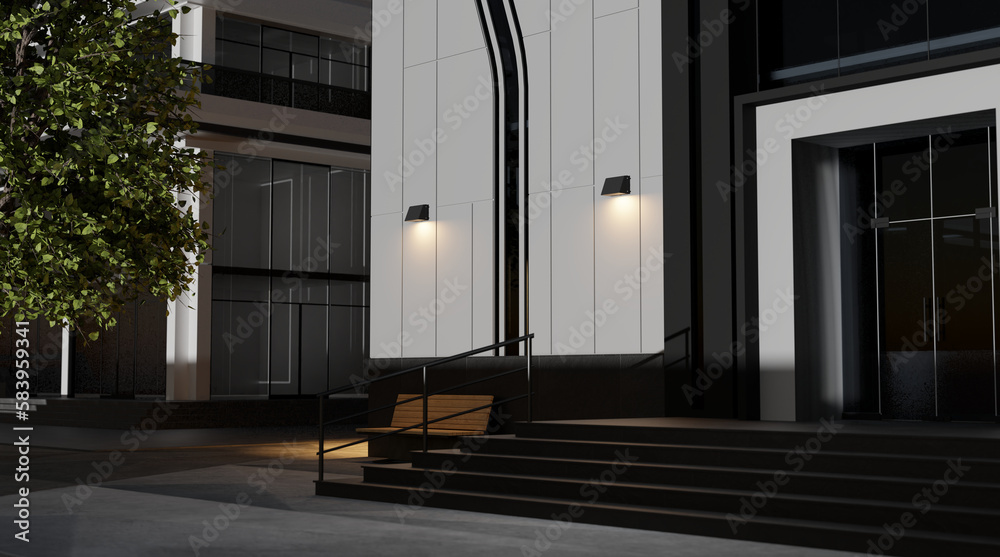 Light accenting side of building - Wall Pack on side of commercial building luminating the ground providing safety and security on the pathway on the church entrance while soft light the scene 