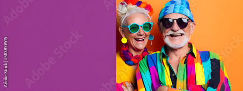 Two happy elderly woman and man elegantly dressed. model grandmother on colorful background wearing bright colored glasses illustration banner space for text advertising concept Generative AI