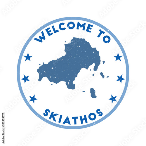 Welcome to Skiathos stamp. Grunge island round stamp with texture in Wing Commander color theme. Vintage style geometric Skiathos seal. Amazing vector illustration.