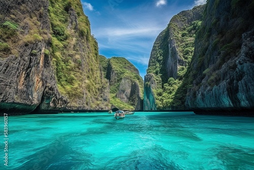 Maya Bay, Phi Phi Leh, Turquoise Waters, White Sand Beach, Limestone Cliffs, Generative AI © Digital Dreamscape