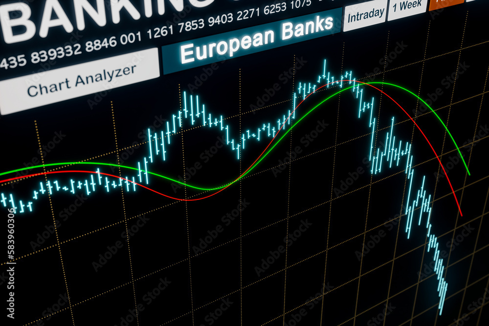 Banking crisis, bank index chart moving down. Economic depression