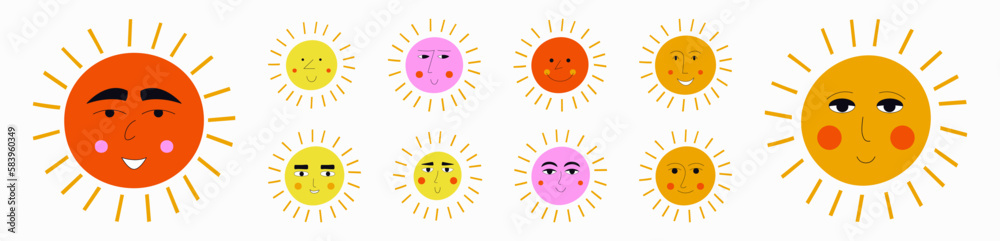 Smiling sun, abstract personage, mascot design, funny face, cute icon.