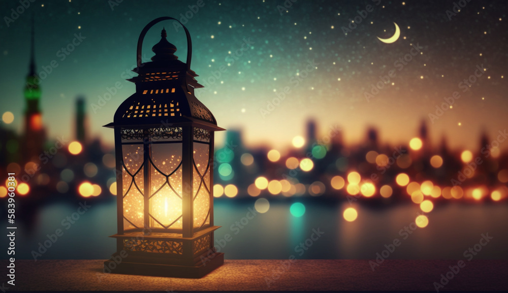 the Muslim culture Ramadan kareem Arabic lartern with behind of city and bokeh light background 