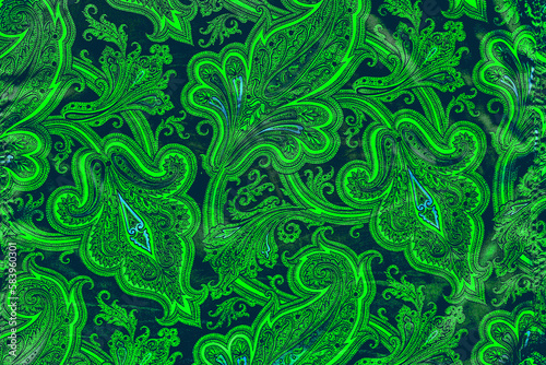 Bright green fabulous mystical background with bizarre leaves and flowers