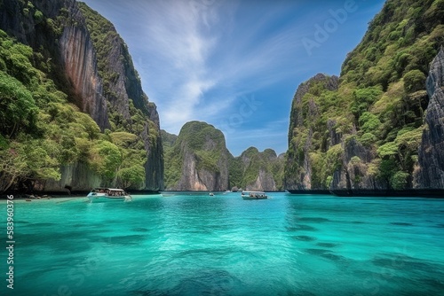 Maya Bay, Phi Phi Leh, Turquoise Waters, White Sand Beach, Limestone Cliffs, Generative AI © Digital Dreamscape