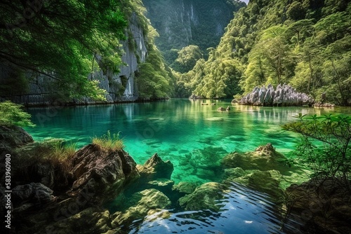 Pileh Lagoon, Magnificent Limestone Formations, Crystal-Clear Emerald Waters, Magical Glow, Generative AI