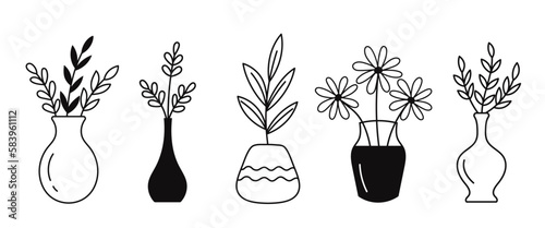 A set of vases with flowers and plants in doodle style on a separate white background