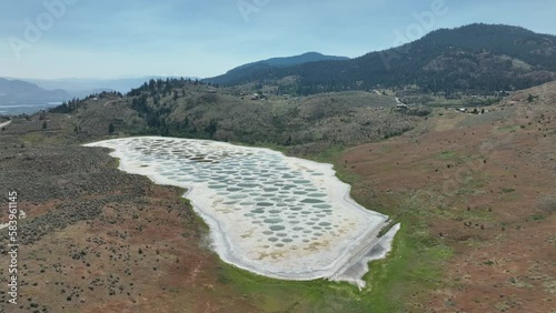 View of Spotted Lake, saline, alkaline lake located in Osoyoos in valley in British Columbia, Canada