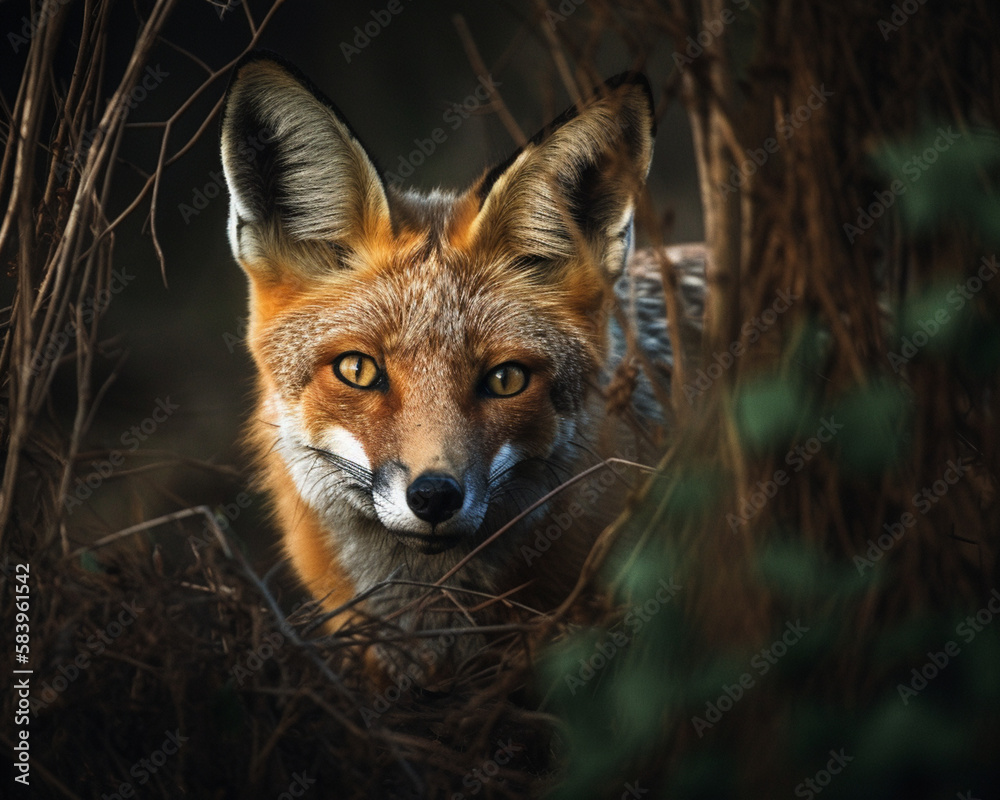 A fox hiding among the trees, AI generated A fox hiding among the trees, AI generated