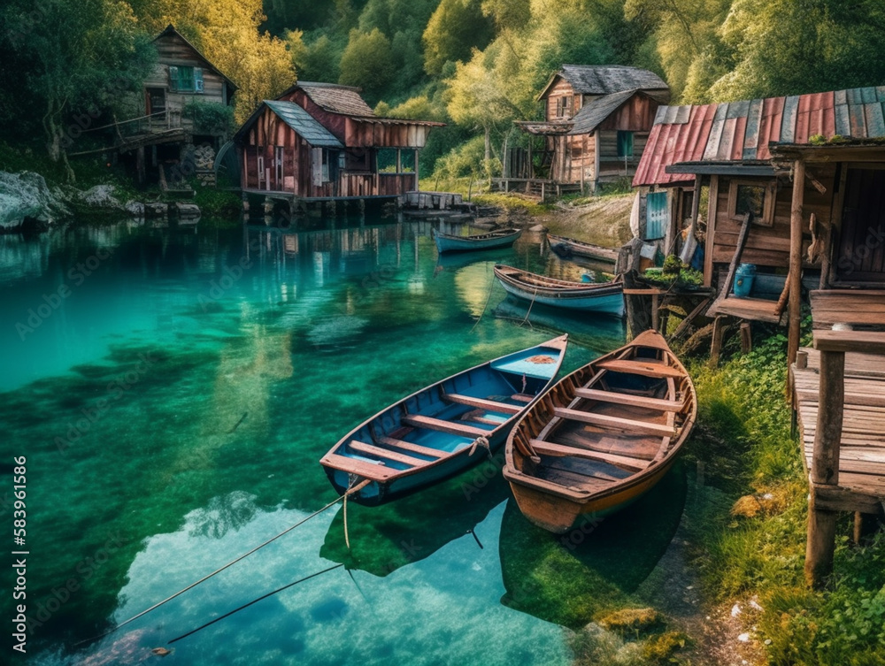 Beautiful landscape with a blue river , a small village of houses with their little boats , Generated by AI
