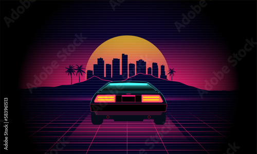 80's Retro car in 3D virtual reality. Sunset outrun landscape in vintage style.1980s vibes. Computer graphic design with grid and city on horizon. Scifi illustration with neon lights and road.