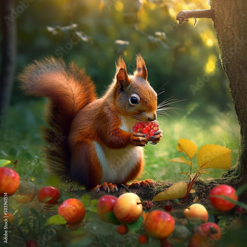 Squirrel eating fruit in the forest, AI generated © marcosantonio