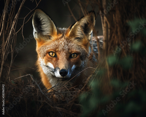 A fox hiding among the trees, AI generated