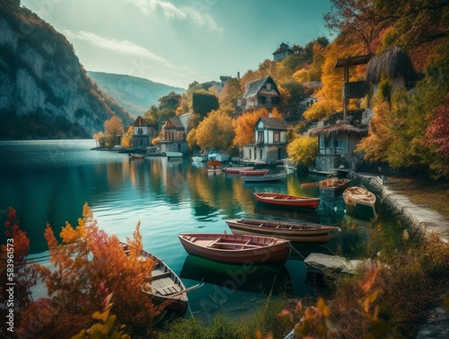 Beautiful landscape of a small fishing village with small boats, Generated by AI