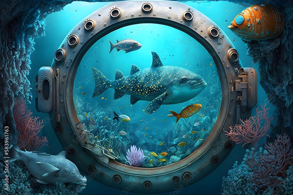 Obraz premium a submarine exploring the depths of the ocean, with various sea creatures and underwater plants visible through the portholes.