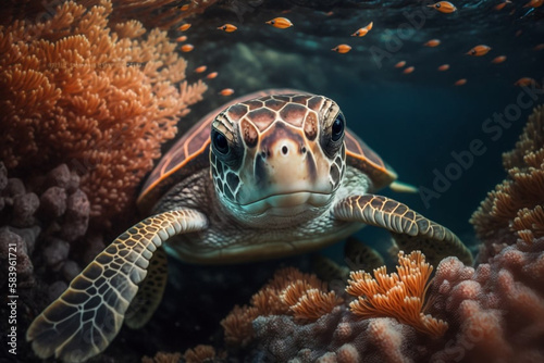 Baby Turtle in Colorful Coral Reef generative ai
