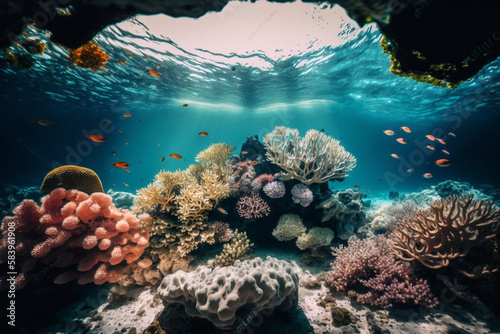 Underwater POV of Colorful Coral Reef generative ai