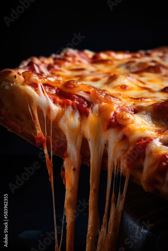 A deliciously baked pizza with melting cheese in close-up. A food picture for catering  recipe  and menu.