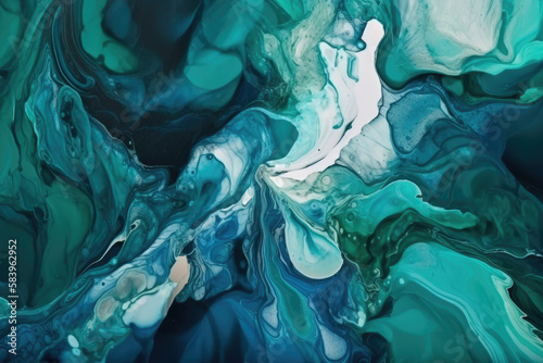 Abstract art teal blue green gradient paint background with liquid fluid grunge texture. Generative AI.