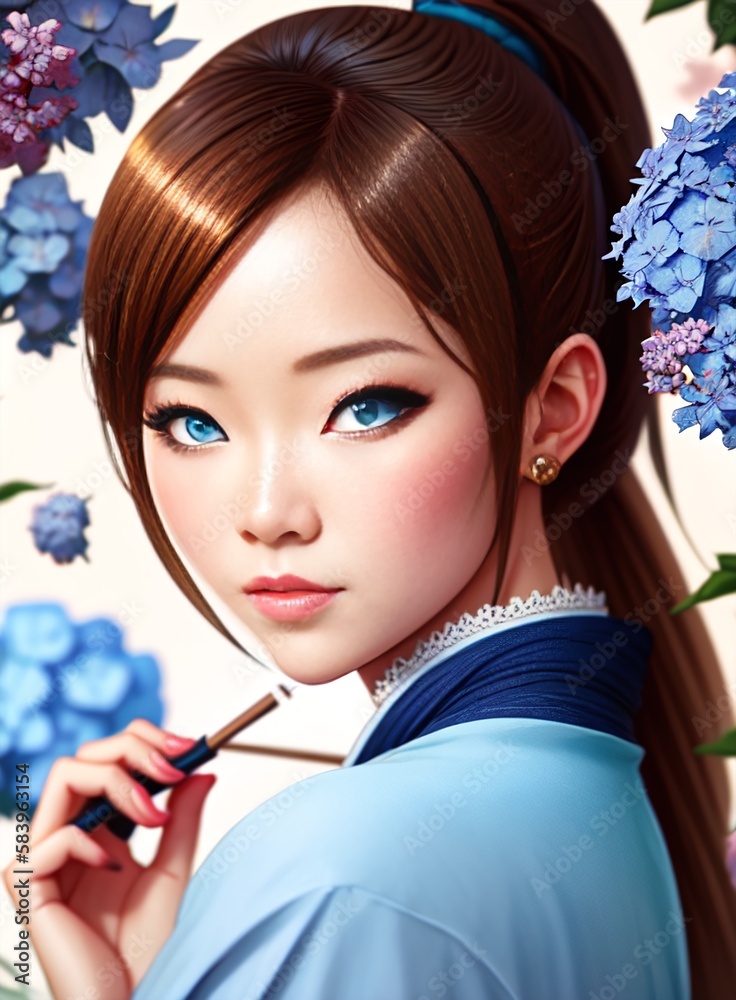 Fototapeta premium portrait of a girl with brown hair and blue eyes looking forward created with Generative AI