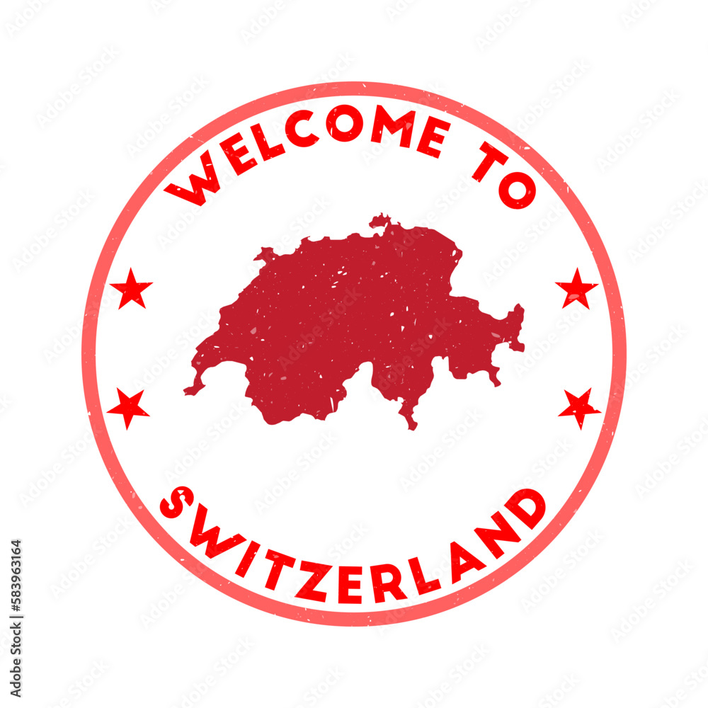 Welcome to Switzerland stamp. Grunge country round stamp with texture in Red color theme. Vintage style geometric Switzerland seal. Authentic vector illustration. Welcome to Switzerland stamp. Grunge country round stamp with texture in Red color theme. Vintage style geometric Switzerland seal. Authentic vector illustration.