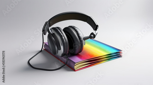 Headphones and a book on a white background.generative ai
