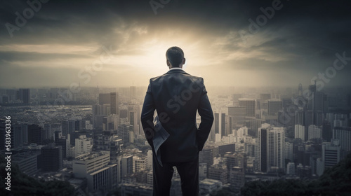 Rear view of confident businessman looking at night city with foggy buildings.generative ai © S...
