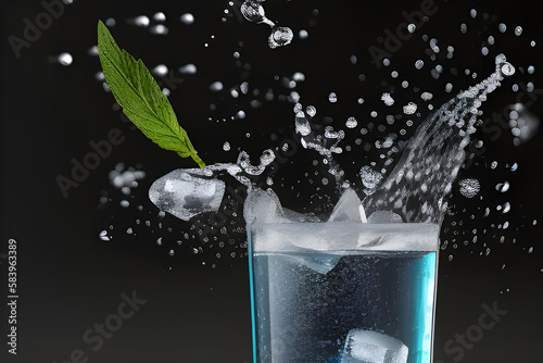 Woda z lodem w niebieskiej przeźroczystej szklance, listek mięty, plusk, krople wody. Ilustracja wygenerowana przy użyciu AI