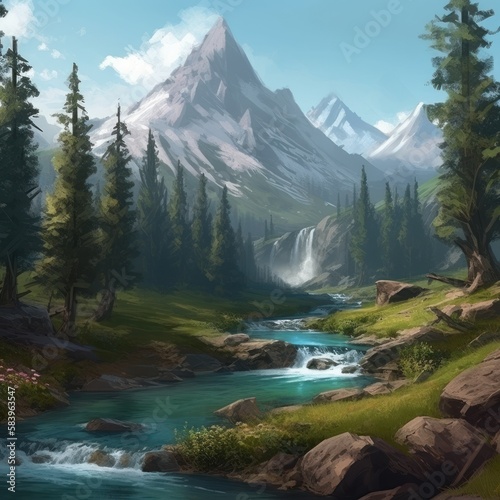 Mountain river and trees game art