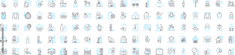 Baby and pregnancy vector line icons set. Infant, Maternity, Nurturing, Delivery, Caring, Mom, Fetal illustration outline concept symbols and signs Baby and pregnancy vector line icons set. Infant, Maternity, Nurturing, Delivery, Caring, Mom, Fetal illustration outline concept symbols and signs