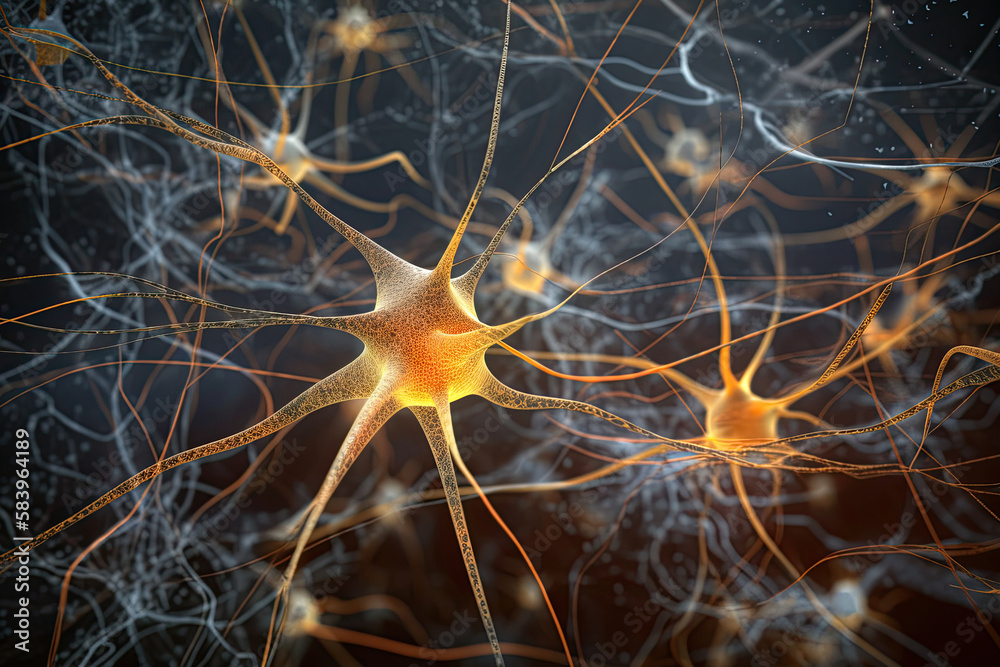 Neuron cells on abstract background, neural connections in the human brain, glowing synapses in nervous system. Created with Generative AI Neuron cells on abstract background, neural connections in the human brain, glowing synapses in nervous system. Created with Generative AI