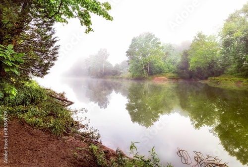 Lake reflecting surrounding green trees on a foggy day in Beckley creek park in Louisville, Kentucky photo