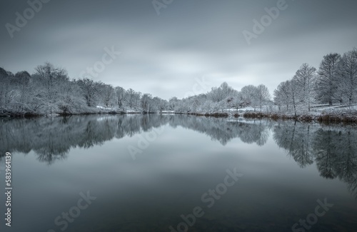 Scenic view of Cherokee Lake reflecting snowy trees on a cloudy day in Tennessee