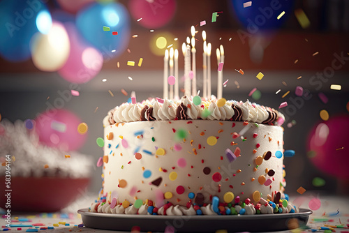 Colorful birthday cake with burning candles, sprinkles and icing. Dessert for celebration. Created with Generative AI photo