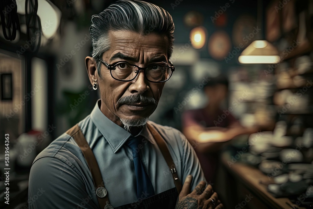 Portrait of small business owner. Headshot of man looking at camera with shop as background. Created with Generative AI Portrait of small business owner. Headshot of man looking at camera with shop as background. Created with Generative AI
