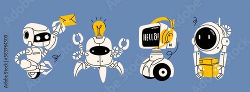 Set of white Robots. Cute artificial robotic characters. Hand drawn Vector illustration. Futuristic retro androids. Cartoon style. Isolated design elements. Delivery, customer service, postal concept