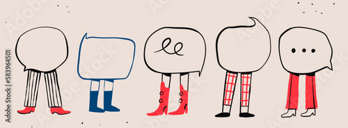 Various Speech Bubbles with legs. Advertising, message, fashion, texting, meeting concept. Cartoon style. Cute isolated characters with speech bubbles instead of bodies. Hand drawn Vector illustration