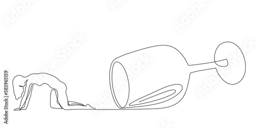 Wine glass with drunk woman one line art,continuous drawing contour.Hand drawn decoration for malversation and addiction, female alcoholism concept.Editable stroke. Isolated.Vector ilustration