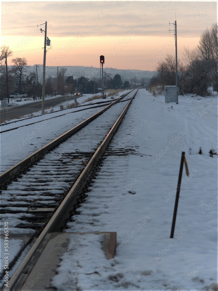 Vertical shot of the train track in winter.