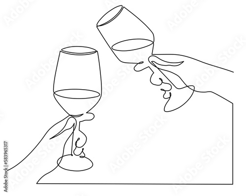 Hands hold wine clinking glass one line art,continuous drawing contour.Cheers toast festive hand drawn decoration for holidays,romantic Valentine's Day design.Editable stroke. Isolated.Vector