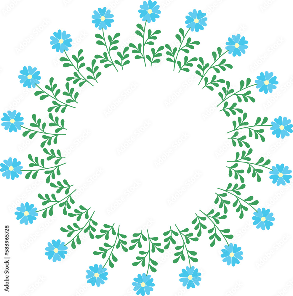 Decorative wreath of abstract blue flowers. Hand drawn decorative floral frame isolated on white background. Vector illustration