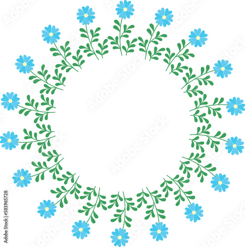 Decorative wreath of abstract blue flowers. Hand drawn decorative floral frame isolated on white background. Vector illustration