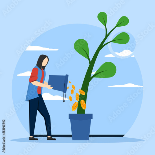Concept of seeking investment, starting project funding, investing money in business. woman watering a plant growing in a pot with a bucket full of dollar coins. Flat vector illustration for poster.