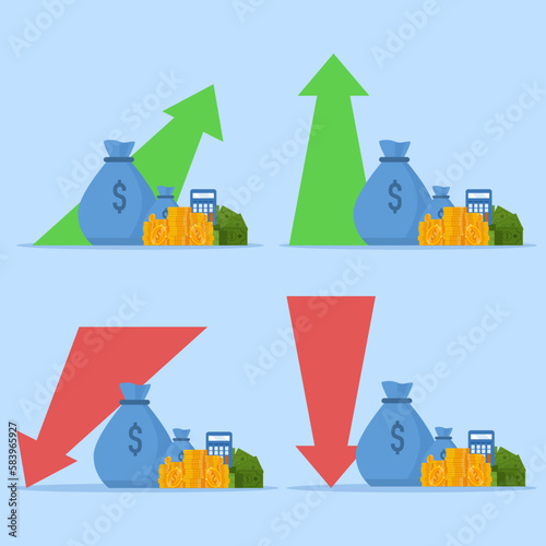 money income profit icon concept or bankruptcy loss budget and deduction expense as financial economic crisis or stock market fall flat cartoon illustration, capital increase or fund down