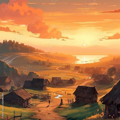 Sunset landscape and village