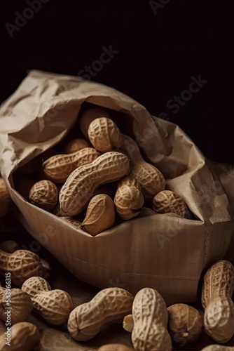 Unpeeled peanuts on paper background. Peanuts inside paper bag on black background. Unshelled peanuts, raw. Generative AI