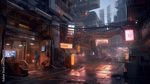 Dark futuristic city in the style of cyberpunk. Gloomy street with neon lights and glowing billboards. Beautiful night cyberpunk cityscape. Generative AI illustration. © Valeriy