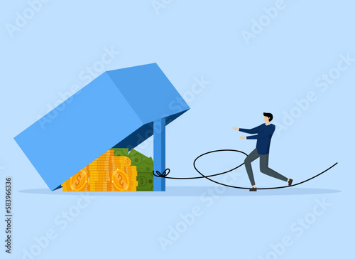 investment problem concept. Money trap to lure greedy people, Businessman get into wooden box trap to get dollar banknotes. illegal investment scams, financial scams, risky businesses, dubious project