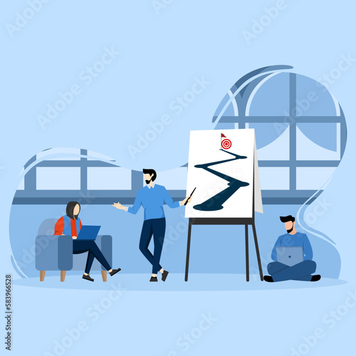 Concept of People working together, Team of professionals working on a project. Small group of diverse business people in casual clothes standing and having a meeting. Flat design vector illustration.